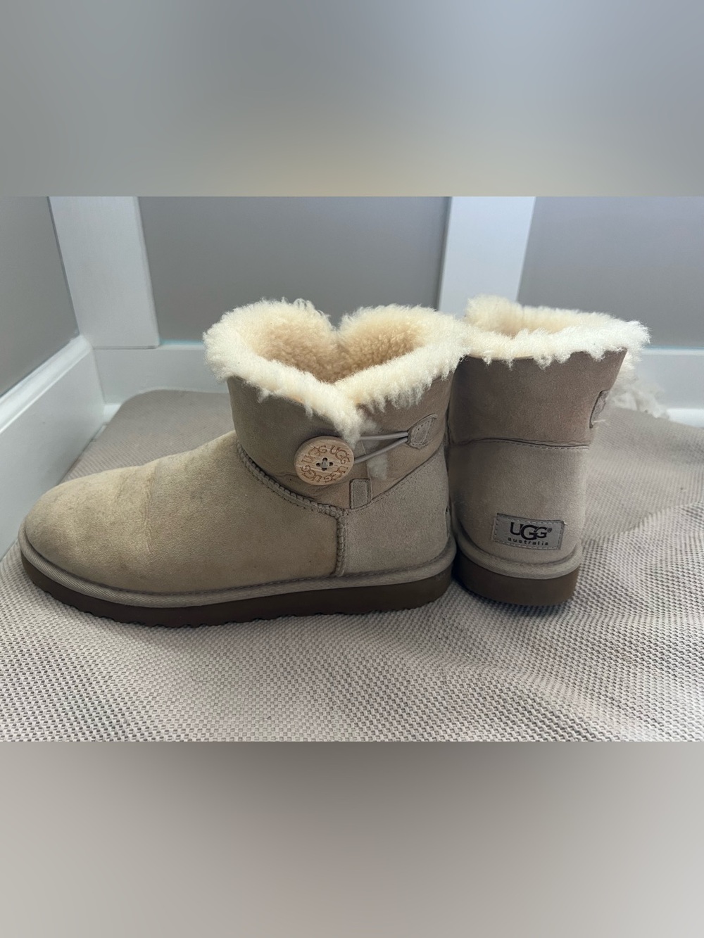UGG Mini Button Boot in Sand with Shearling Trim